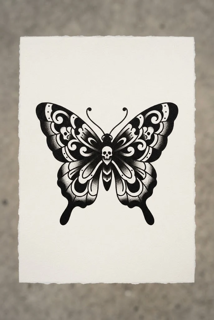 Bold Traditional Flash — black and white butterfly tattoo style outfit