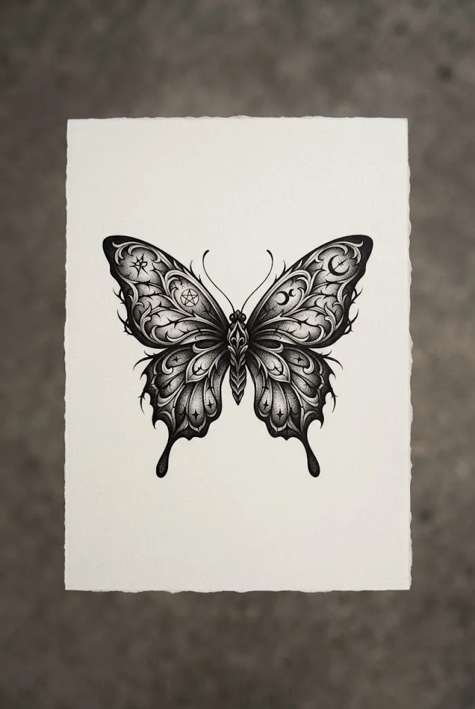 Moody Darkwork and Gothic — black and white butterfly tattoo style outfit