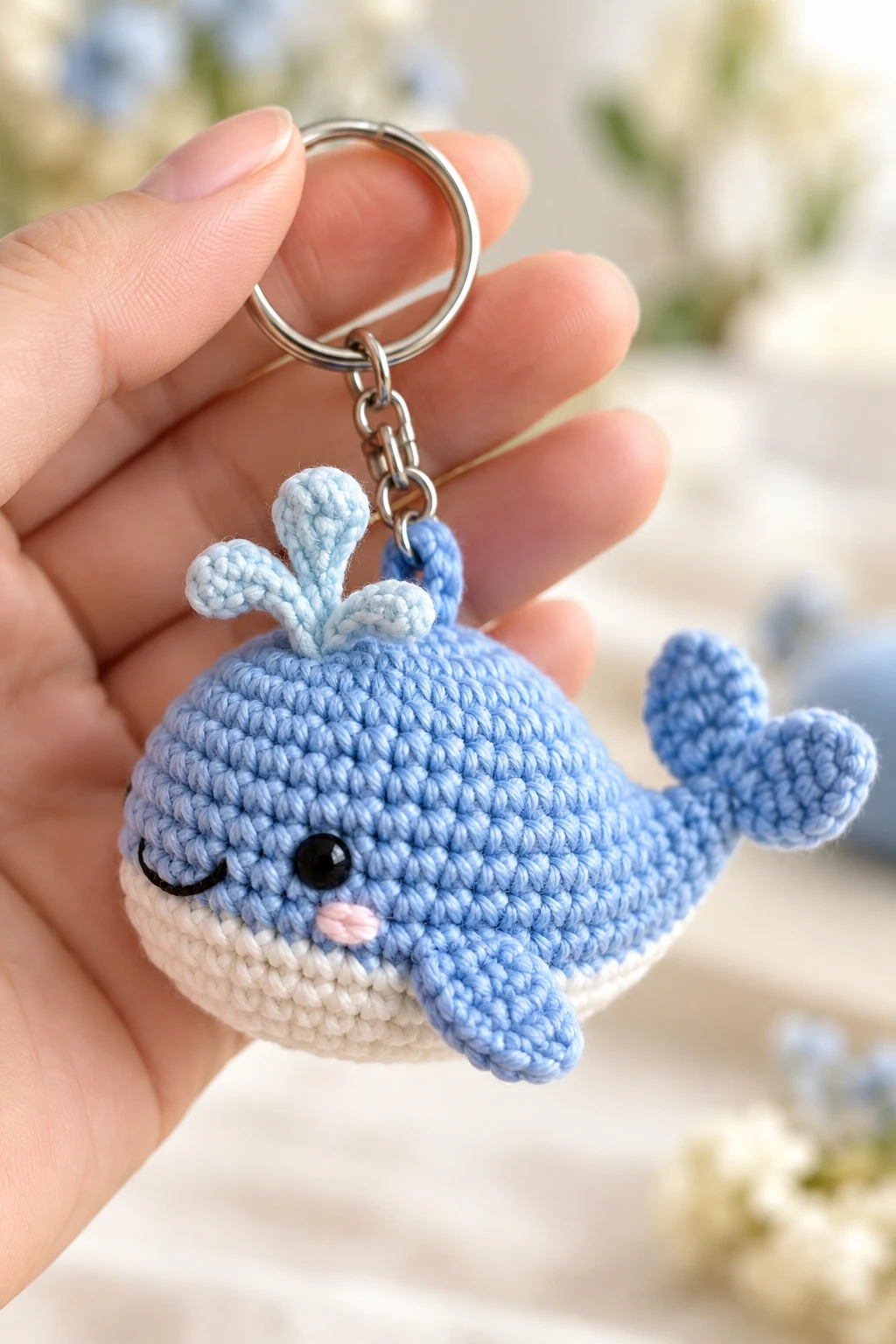 Tiny Blue Whale Keychain — blue crochet keychain ideas style outfit