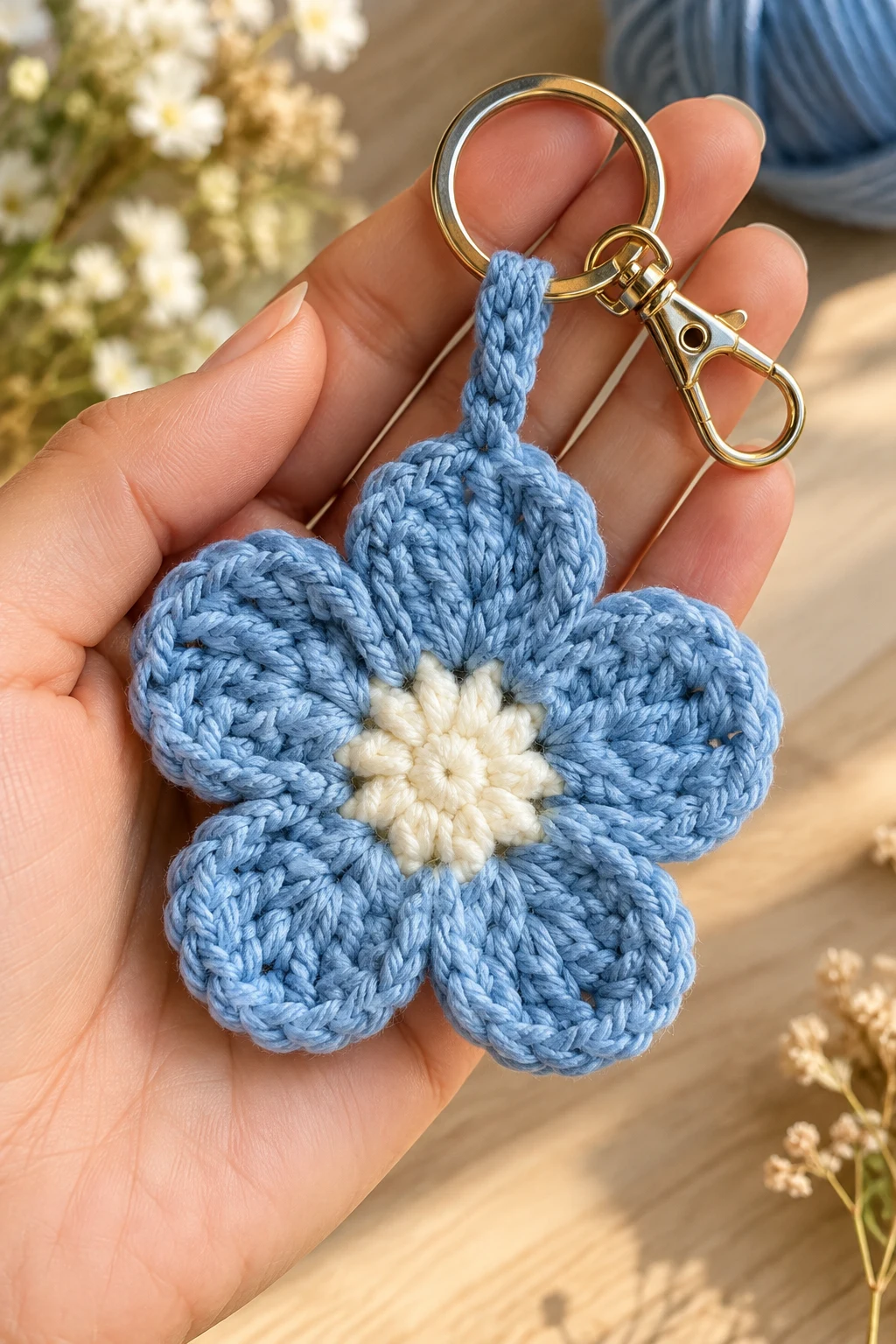 Blue Crochet Daisy Keychain — blue crochet keychain ideas style outfit