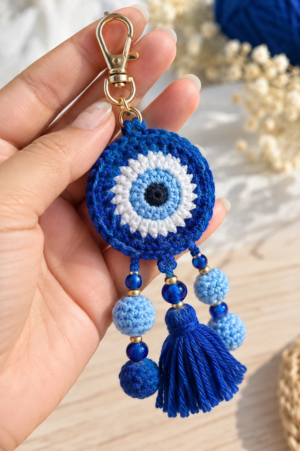 Blue Crochet Evil Eye Charm — blue crochet keychain ideas style outfit