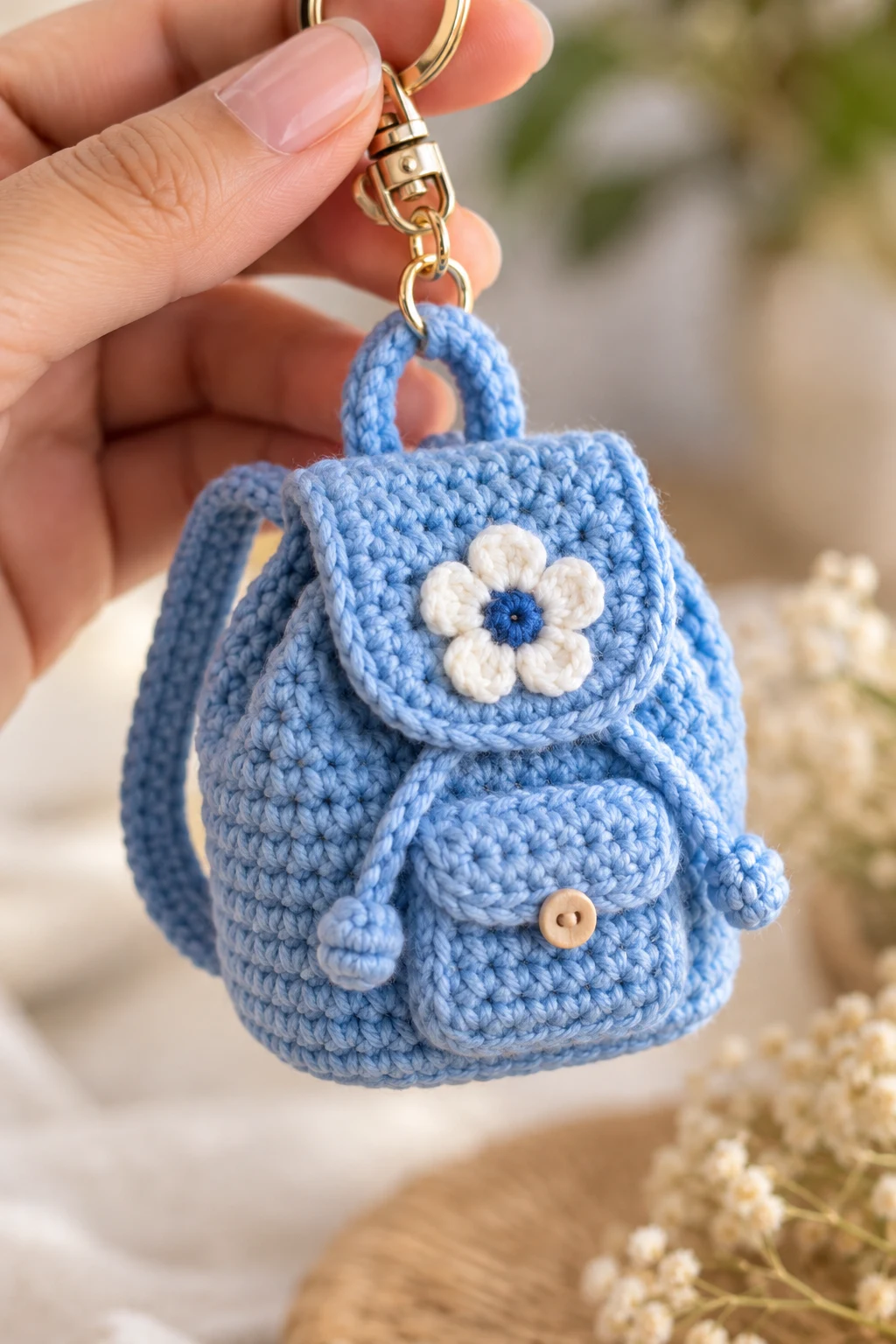 Blue Crochet Mini Backpack Charm — blue crochet keychain ideas style outfit