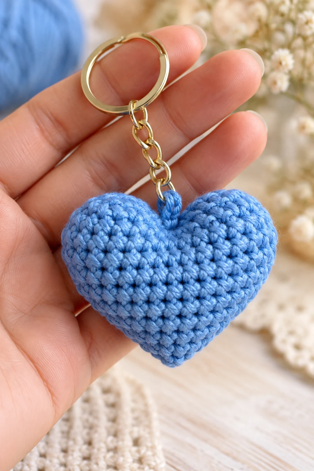 Blue Crochet Heart Keychain — blue crochet keychain ideas style outfit
