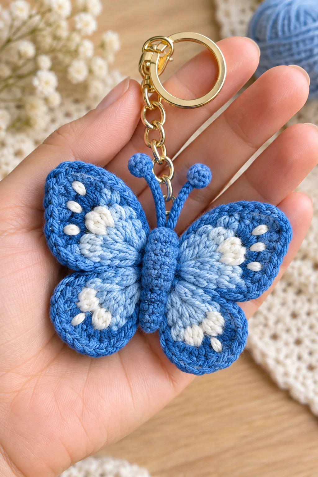 Blue Crochet Butterfly Charm — blue crochet keychain ideas style outfit