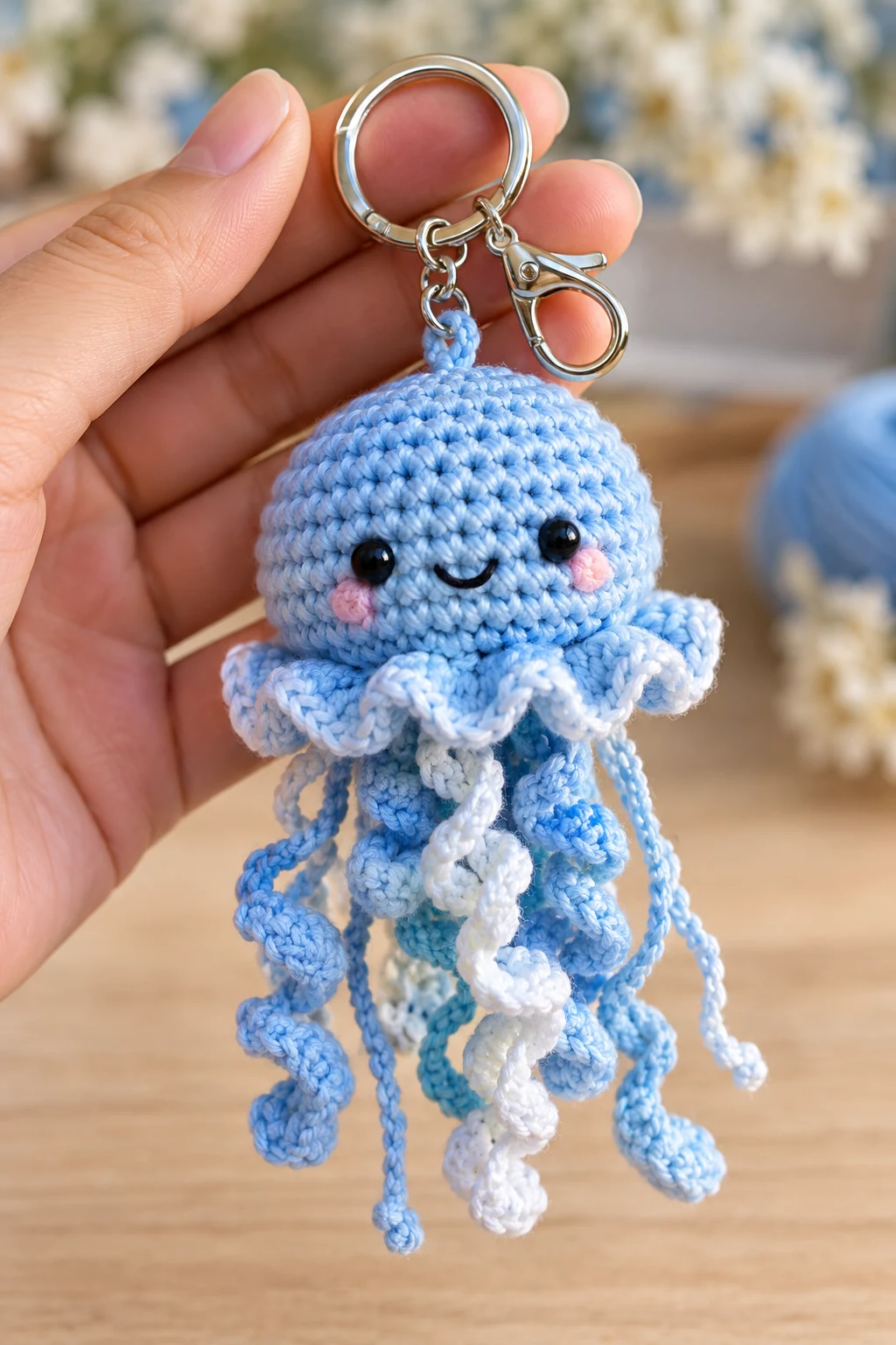 Blue Crochet Jellyfish Keychain — blue crochet keychain ideas style outfit