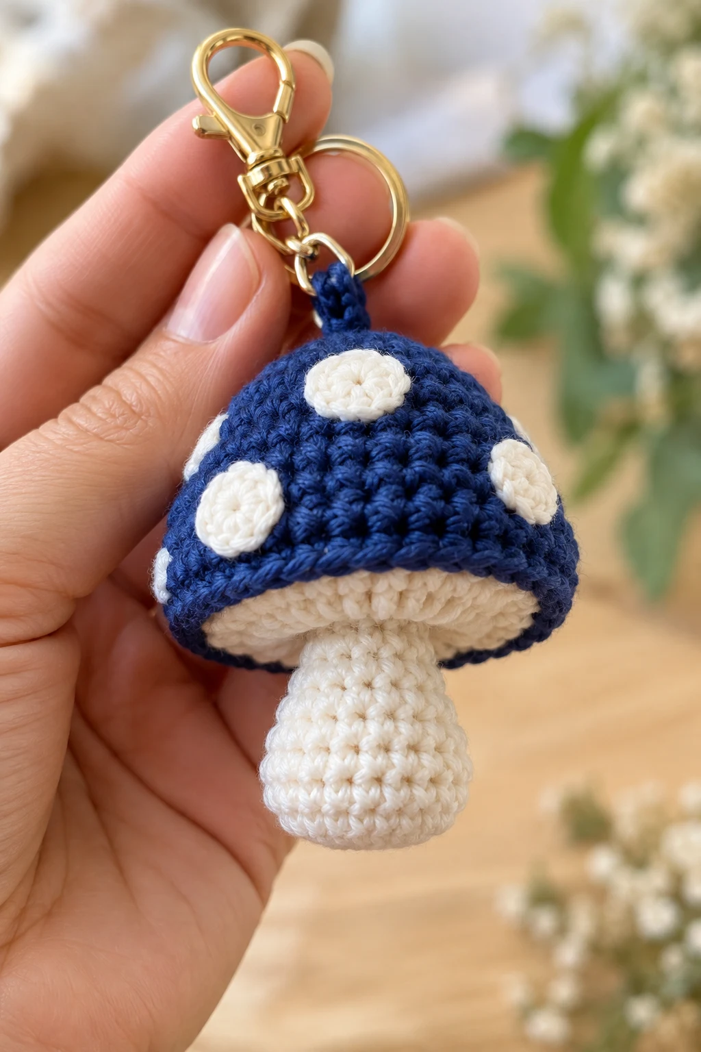 Navy Blue Crochet Mushroom — blue crochet keychain ideas style outfit