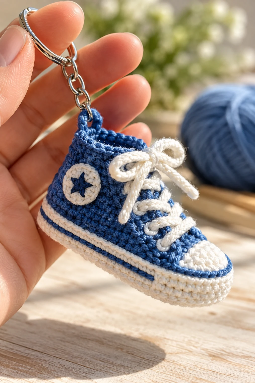 Mini Blue Crochet Sneaker Keychain — blue keychain crochet style outfit
