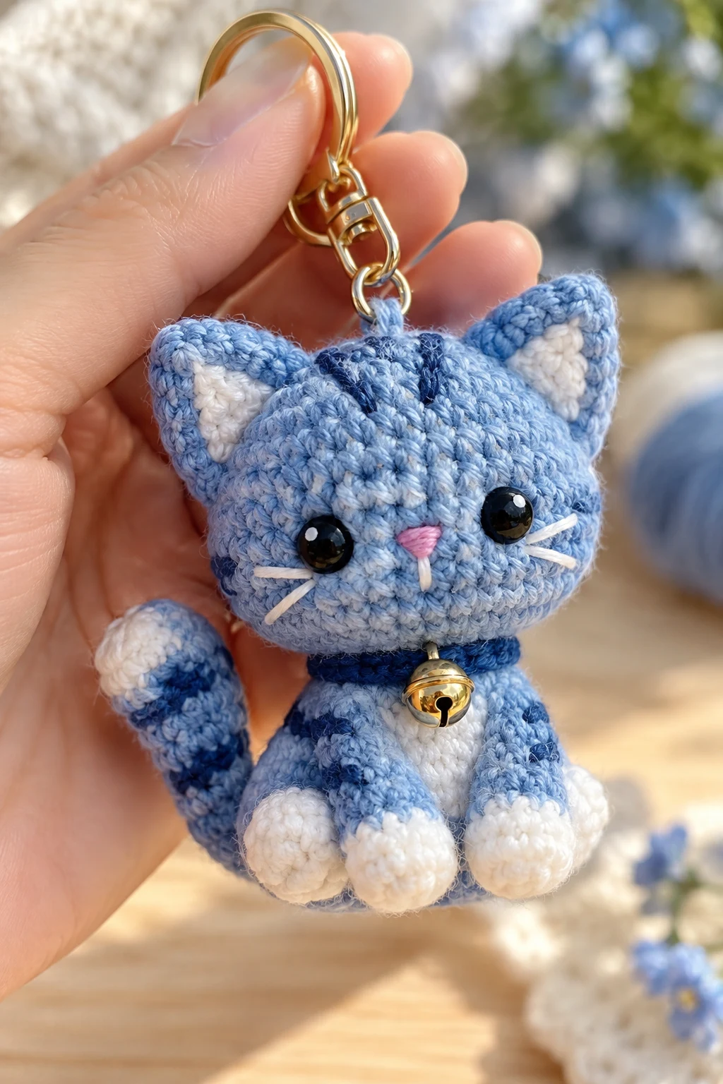 Cute Blue Crochet Cat Keychain — blue keychain crochet style outfit