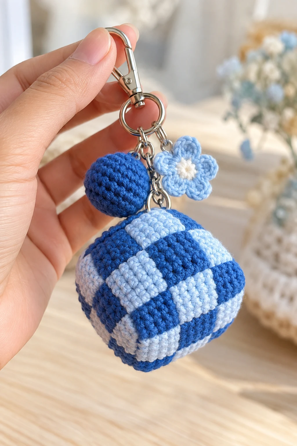 Trendy Blue Crochet Checkerboard Keychain — blue keychain crochet style outfit