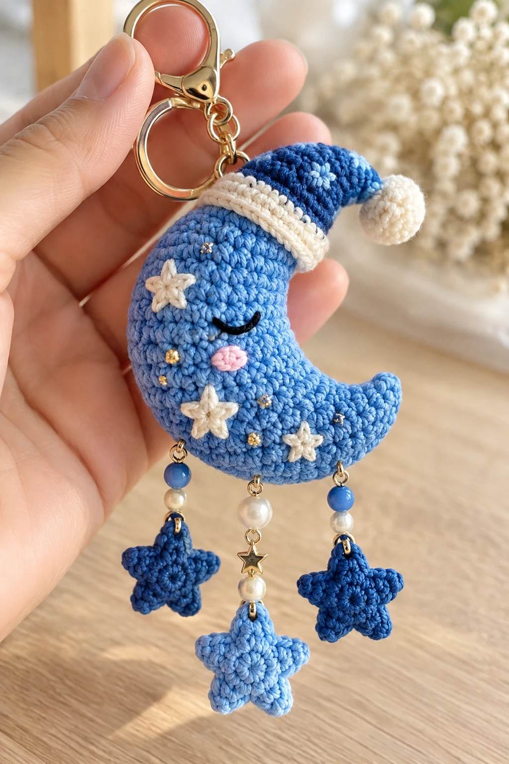 Magical Blue Crochet Moon Keychain — blue keychain crochet style outfit