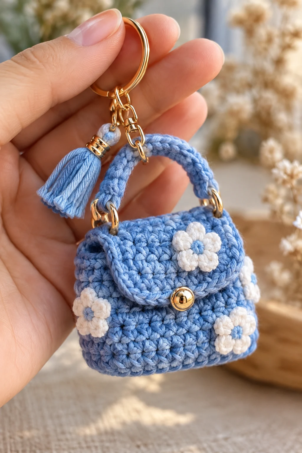 Beautiful Blue Crochet Mini Bag Keychain — blue keychain crochet style outfit