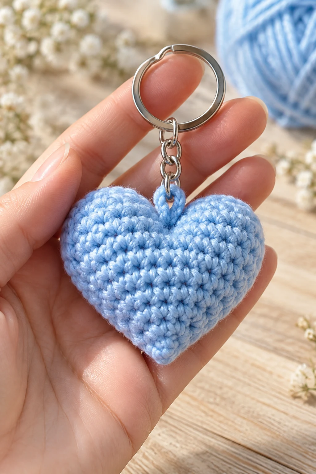Dreamy Light Blue Crochet Heart Keychain — blue keychain crochet style outfit