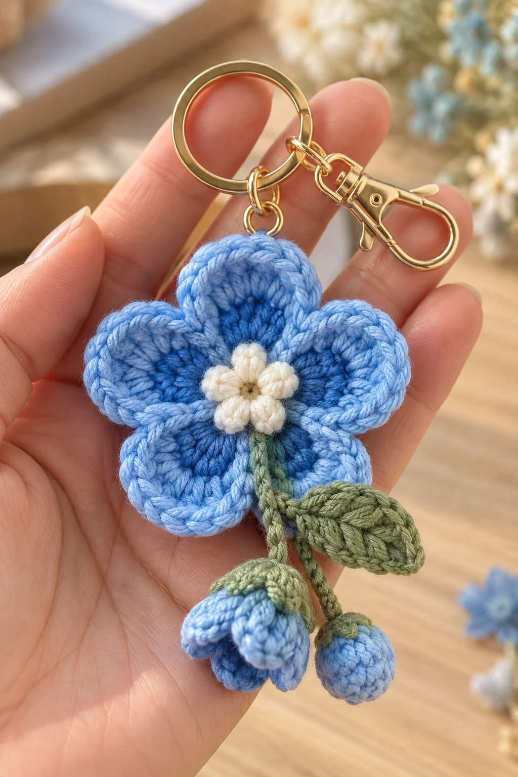 Charming Blue Flower Crochet Keychain — blue keychain crochet style outfit