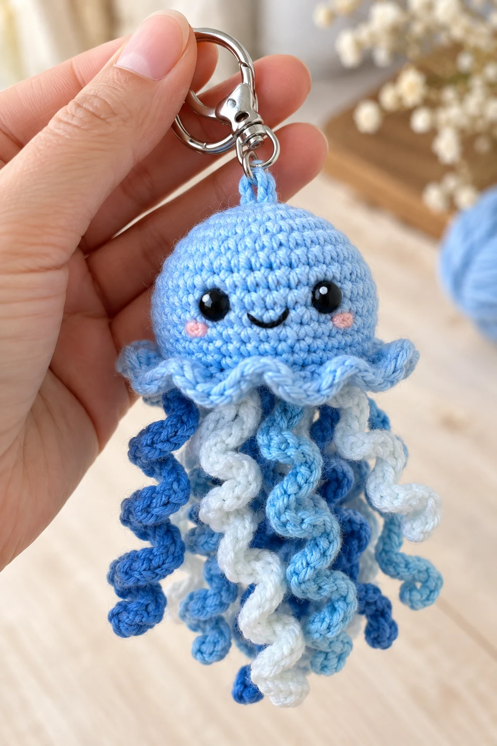 Cute Blue Jellyfish Crochet Keychain — blue keychain crochet style outfit