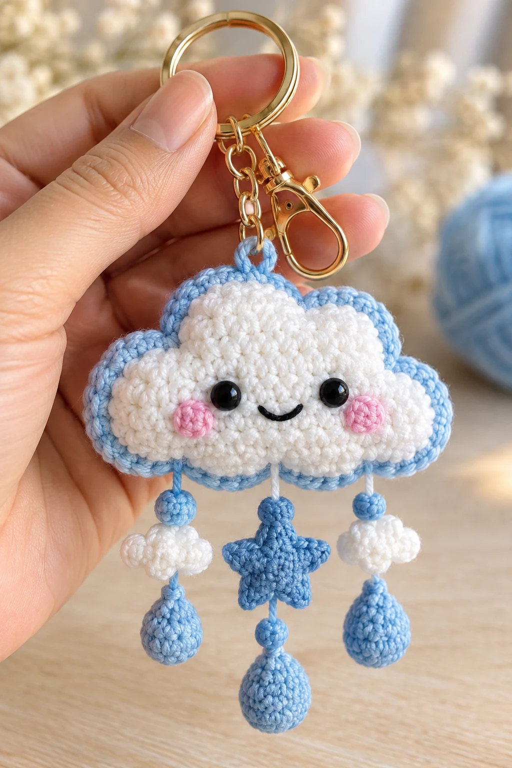 Blue and White Crochet Cloud Keychain — blue keychain crochet style outfit