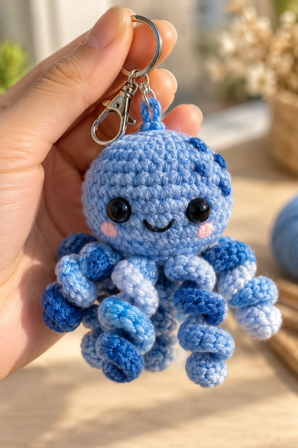 Playful Blue Crochet Octopus Keychain — blue keychain crochet style outfit