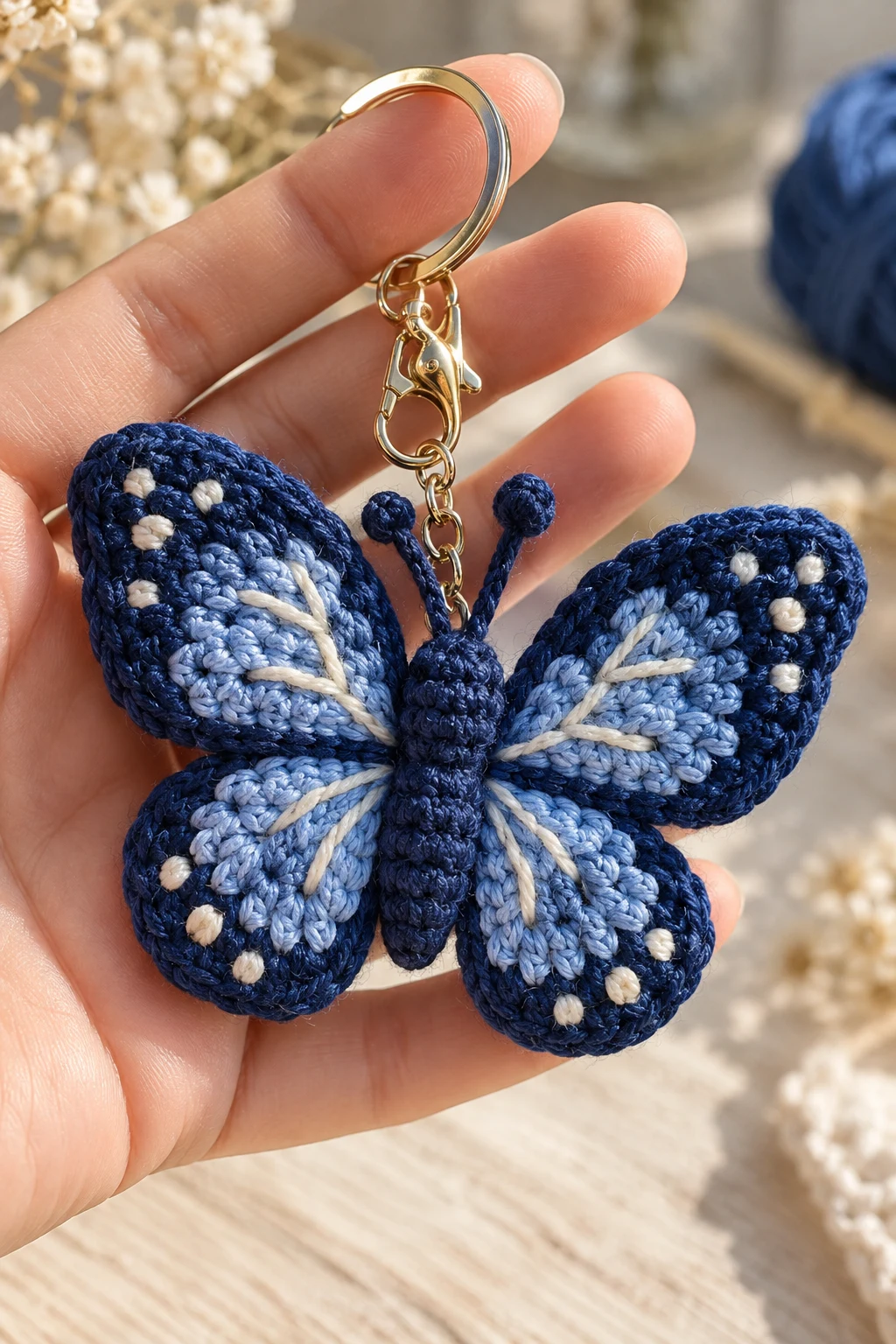 Elegant Dark Blue Crochet Butterfly Keychain — blue keychain crochet style outfit