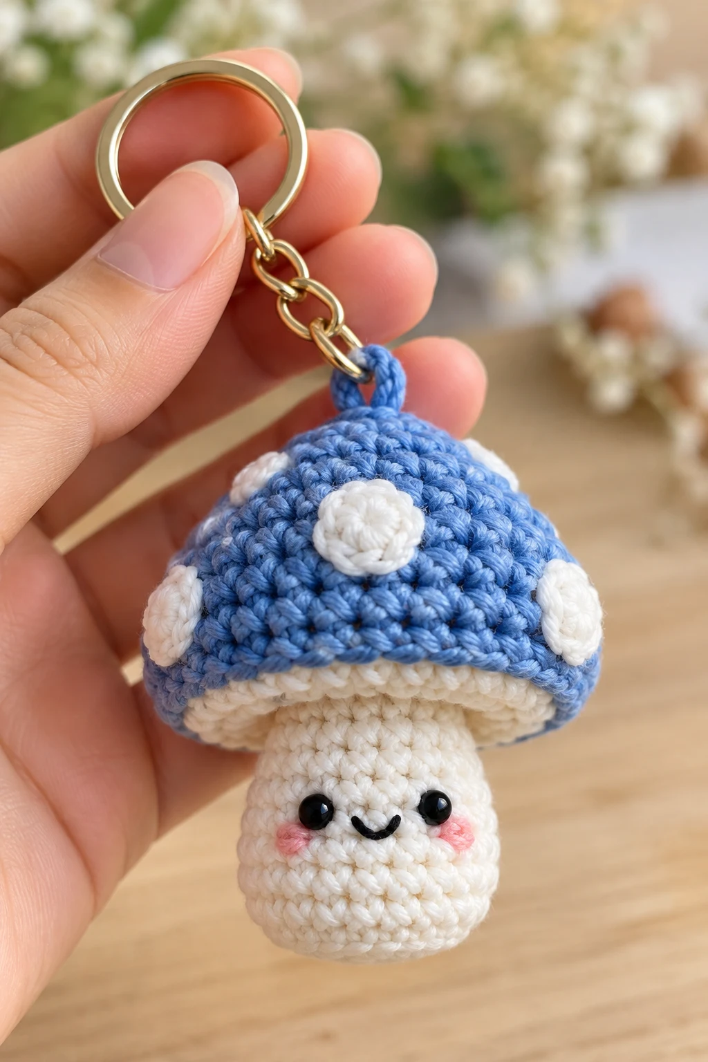 Tiny Blue Crochet Mushroom Keychain — blue keychain crochet style outfit