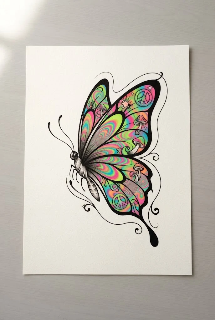 Psychedelic 1970s Retro Acid Brights — blue morpho butterfly tattoo style outfit