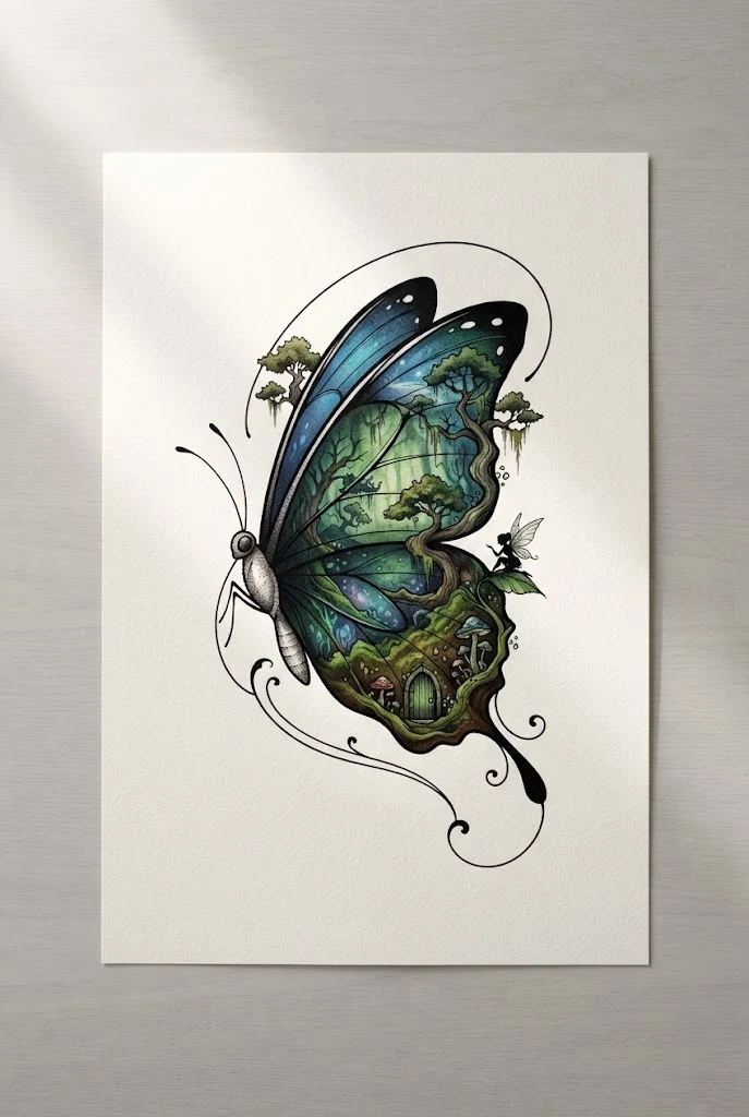 Enchanted Emerald Forest Fairy Tale — blue morpho butterfly tattoo style outfit