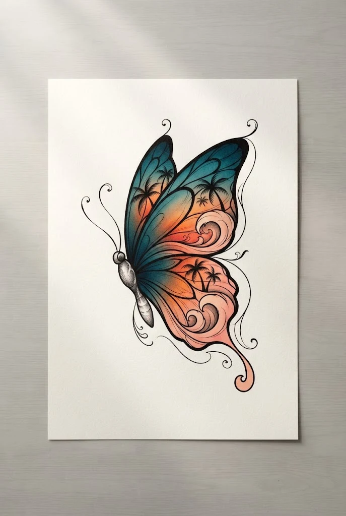 Tropical Sunset Horizon Peach Blend — blue morpho butterfly tattoo style outfit