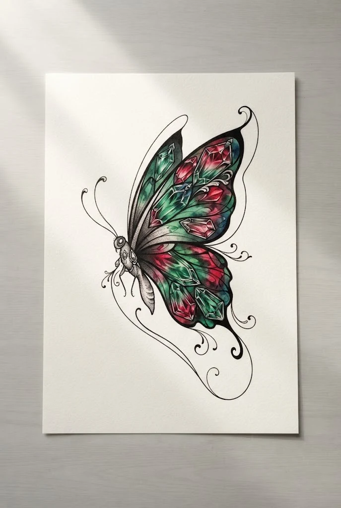 Jewel-Tone Emerald and Ruby Fusion — blue morpho butterfly tattoo style outfit