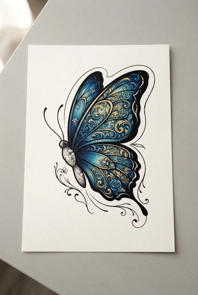 Neo-Traditional Bold Outline Masterpiece — blue morpho butterfly tattoo style outfit