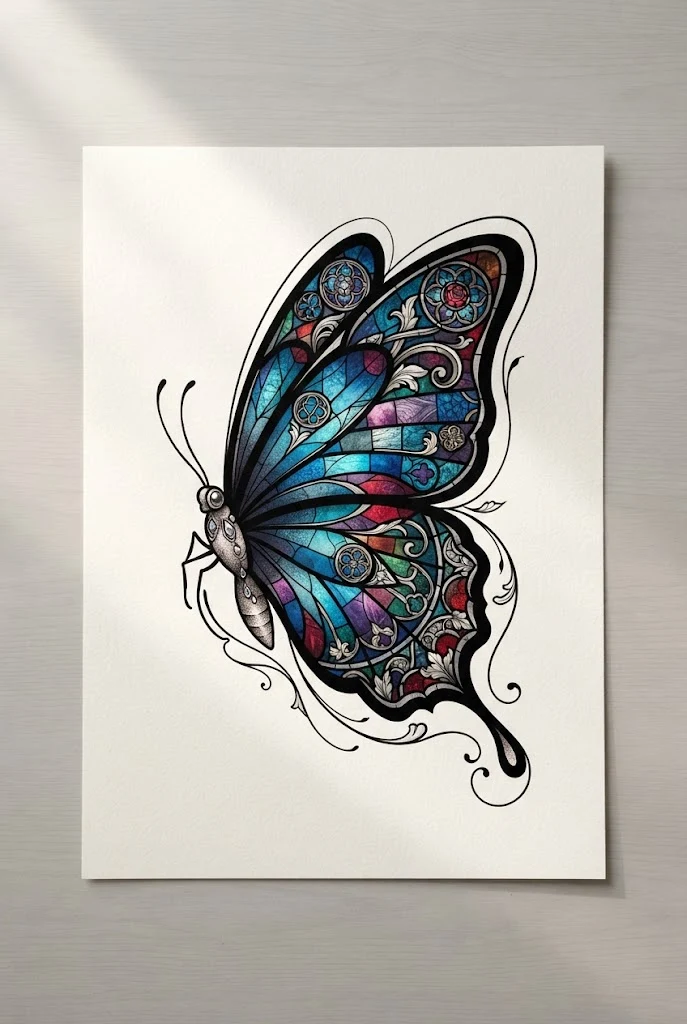 Stained Glass Cathedral Window Style — blue morpho butterfly tattoo style outfit