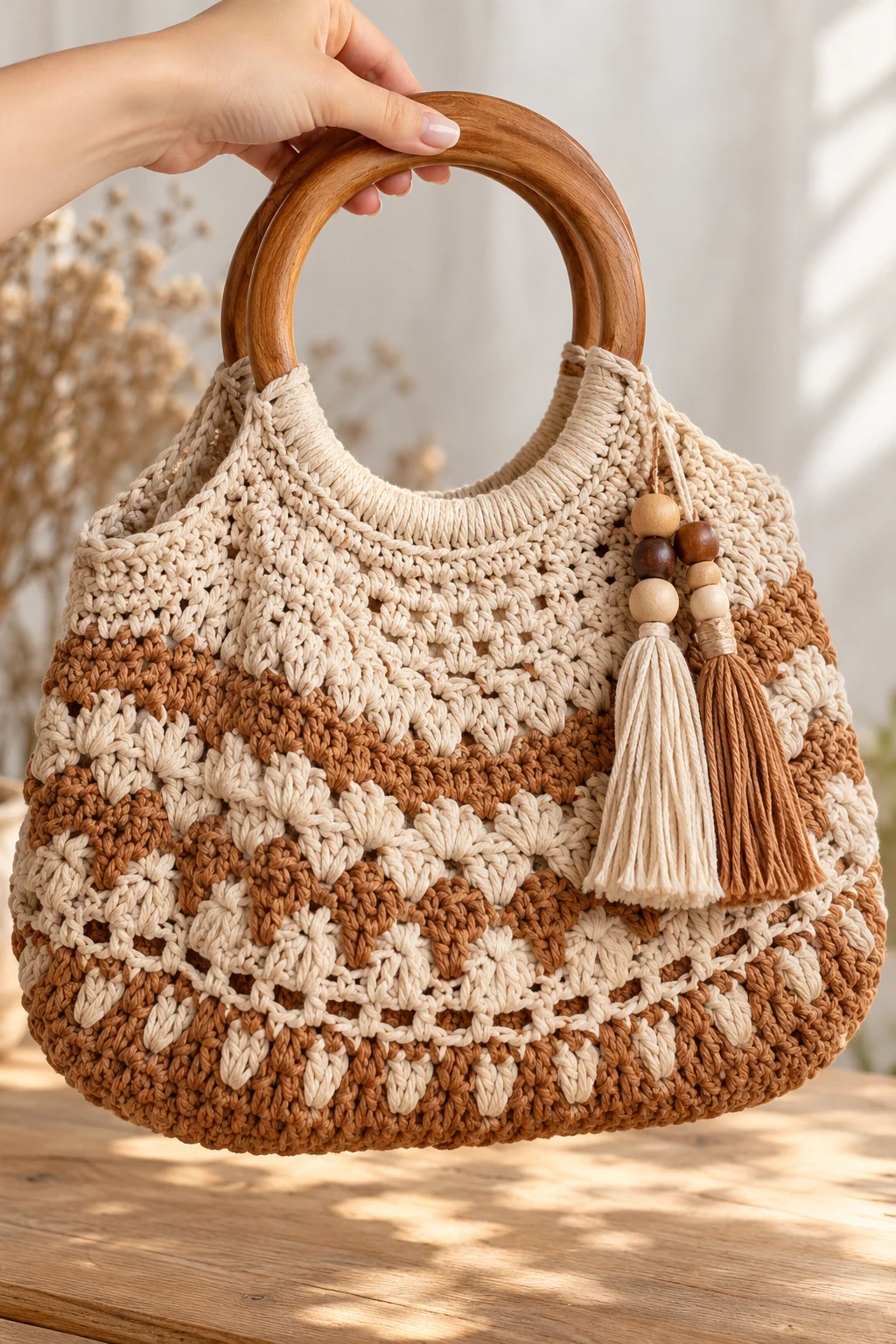 The Boho Crochet Bag With Wooden Handles — boho crochet bag
