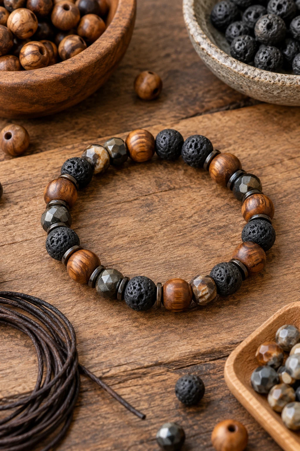 Bracelet for Men With Wood and Stone Beads — bracelet ideas style outfit