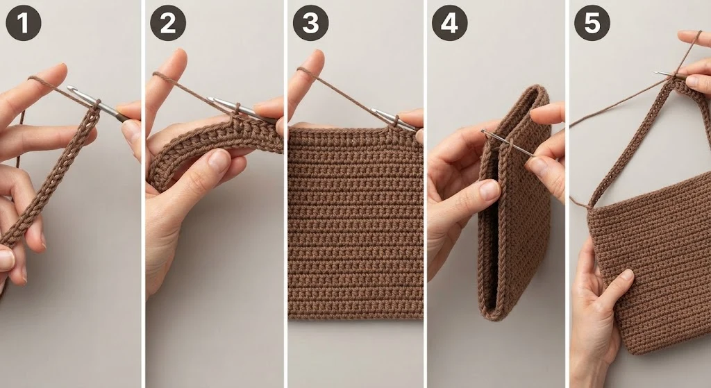 Steps 1–5 — brown crochet bag tutorial