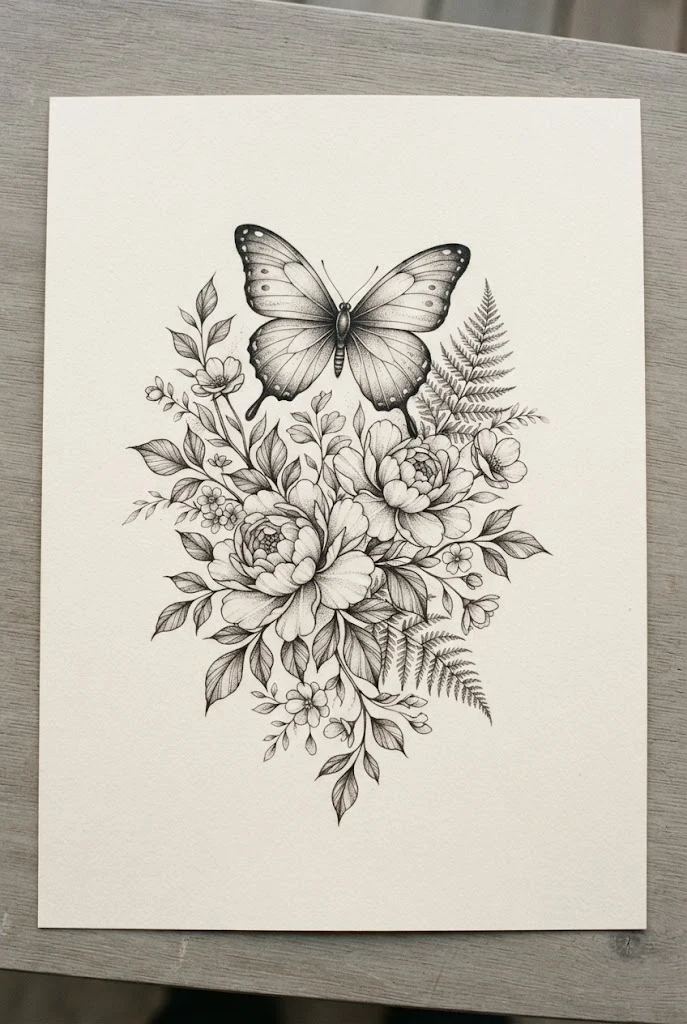 The Monochromatic Botanical Haven — butterfly and flowers tattoo style outfit