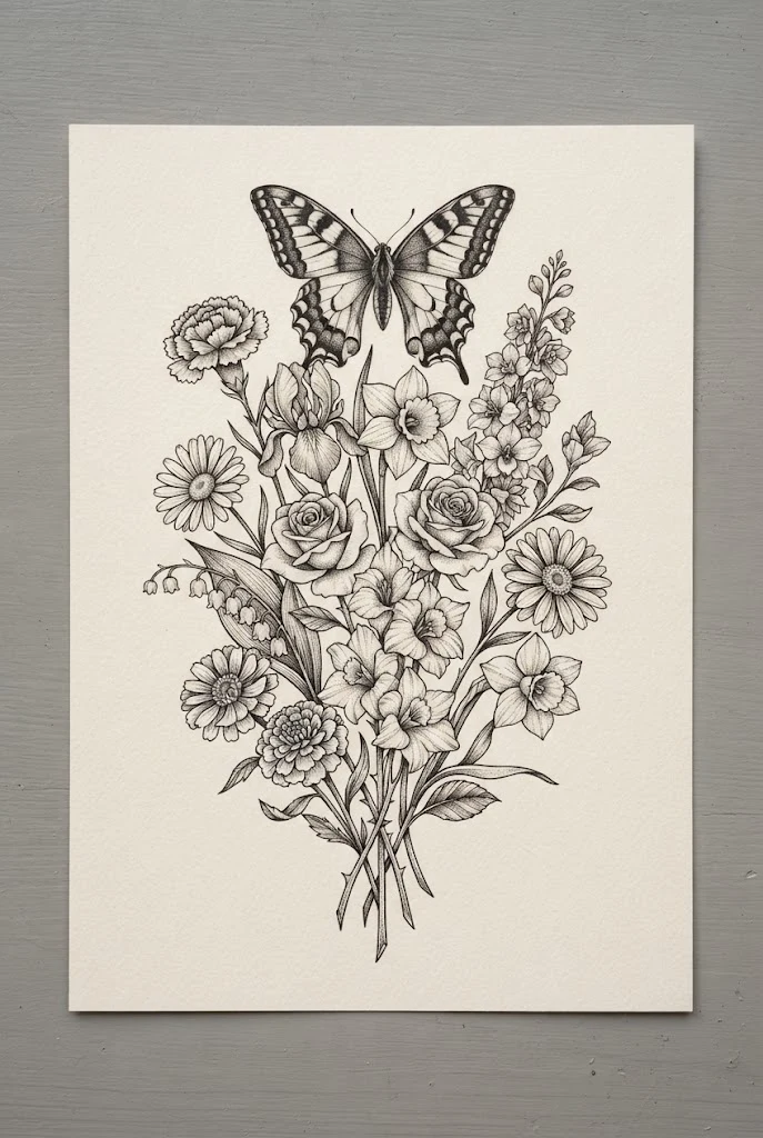 Botanical Birth Month Bouquet — butterfly and flowers tattoo style outfit