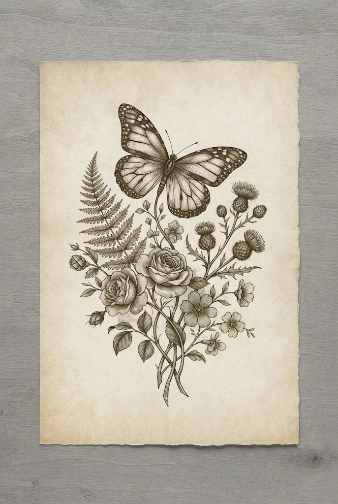 Vintage Botanical Illustration Sketch — butterfly and flowers tattoo style outfit