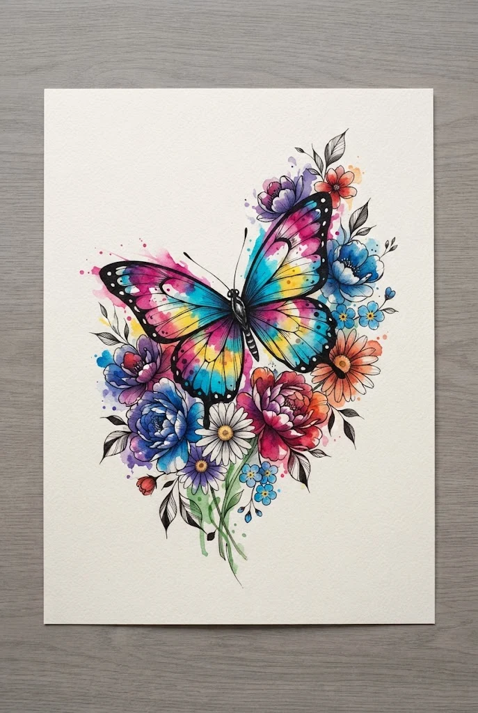 Vibrant Watercolor Splendor — butterfly and flowers tattoo style outfit