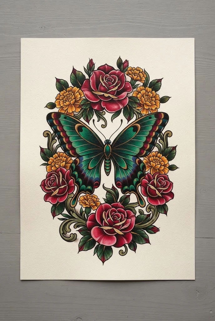 Bold Neo-Traditional Masterpiece — butterfly and flowers tattoo style outfit