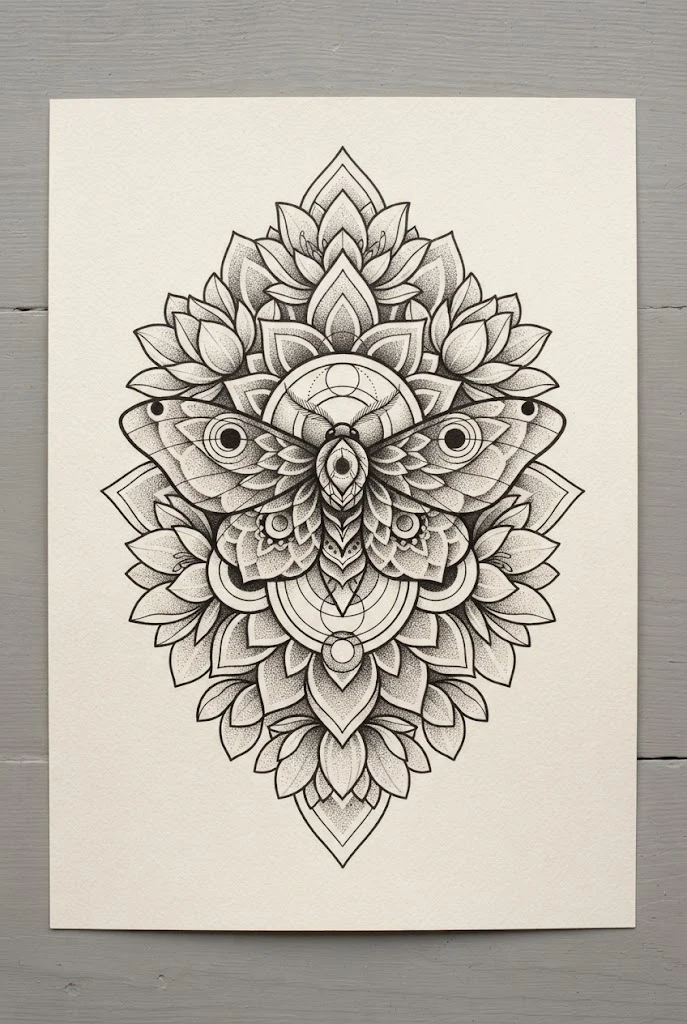 Geometric Sacred Symmetry — butterfly and flowers tattoo style outfit