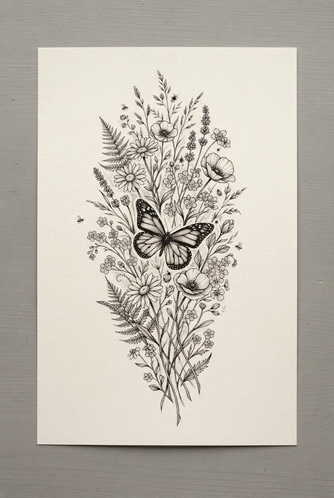 Wildflower Meadow Forearm Wrap — butterfly and flowers tattoo style outfit