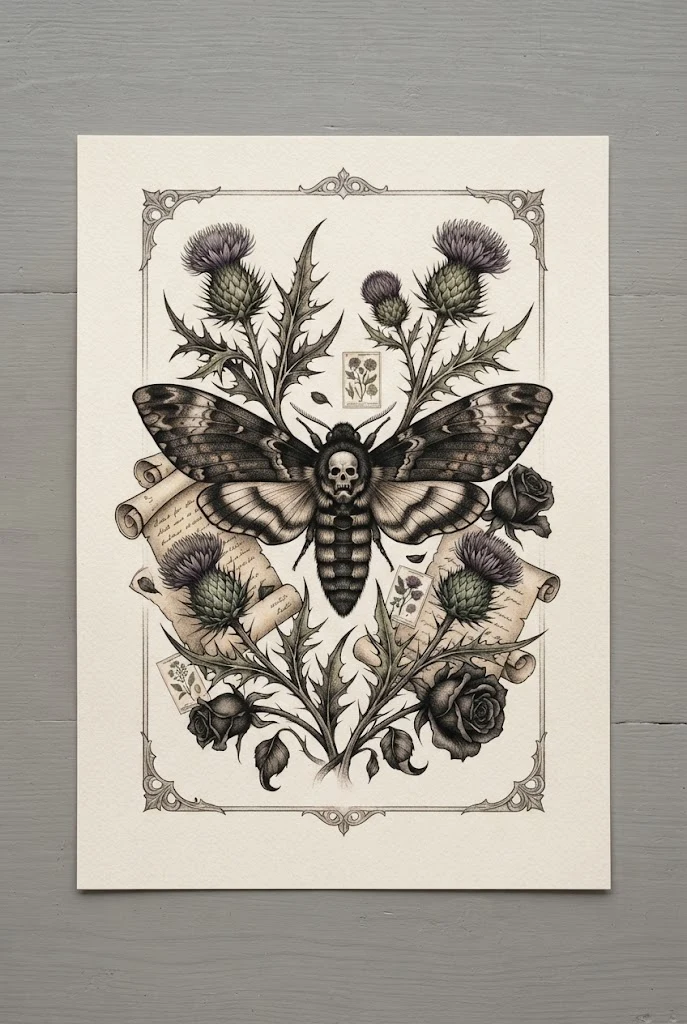 The Dark Academia Moth and Thistle — butterfly and flowers tattoo style outfit