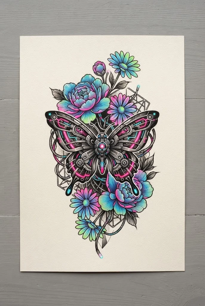 Neon Cyber-Botanical Fusion — butterfly and flowers tattoo style outfit
