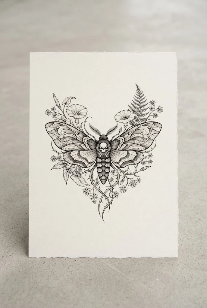 Botanical Moth and Flower Tattoo Integration — butterfly and moth tattoo style outfit