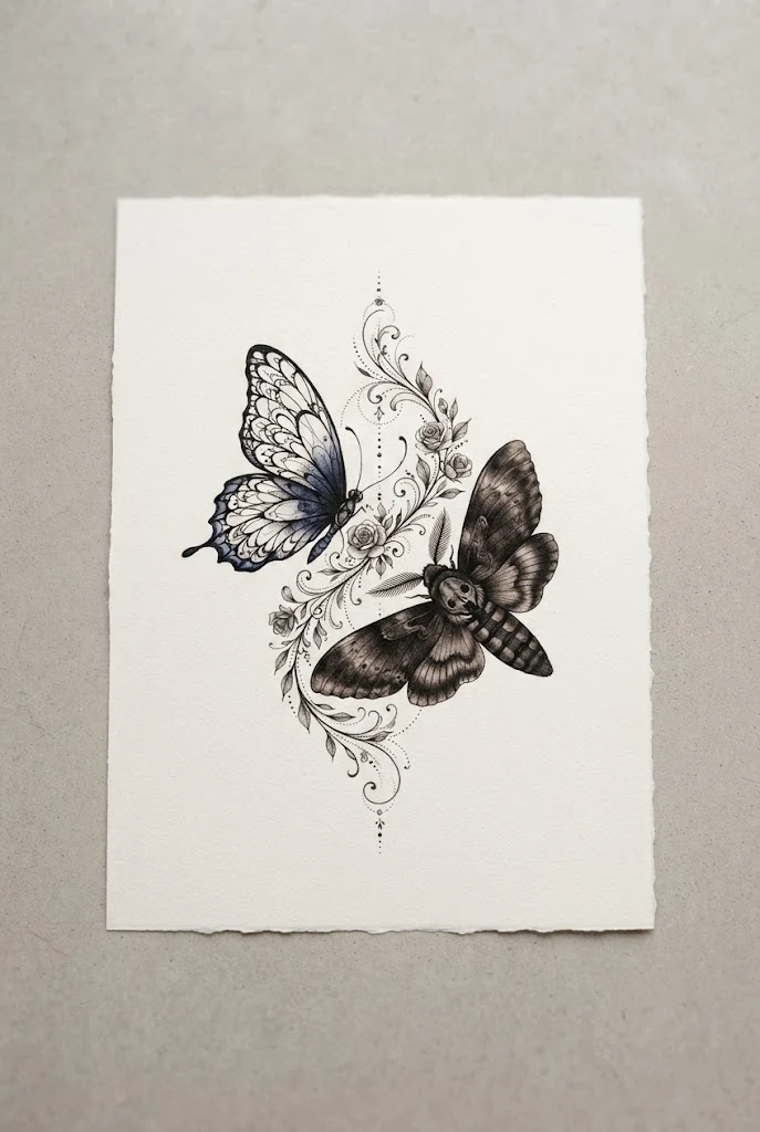 Artistic Butterfly and Moth Art Composition — butterfly and moth tattoo style outfit
