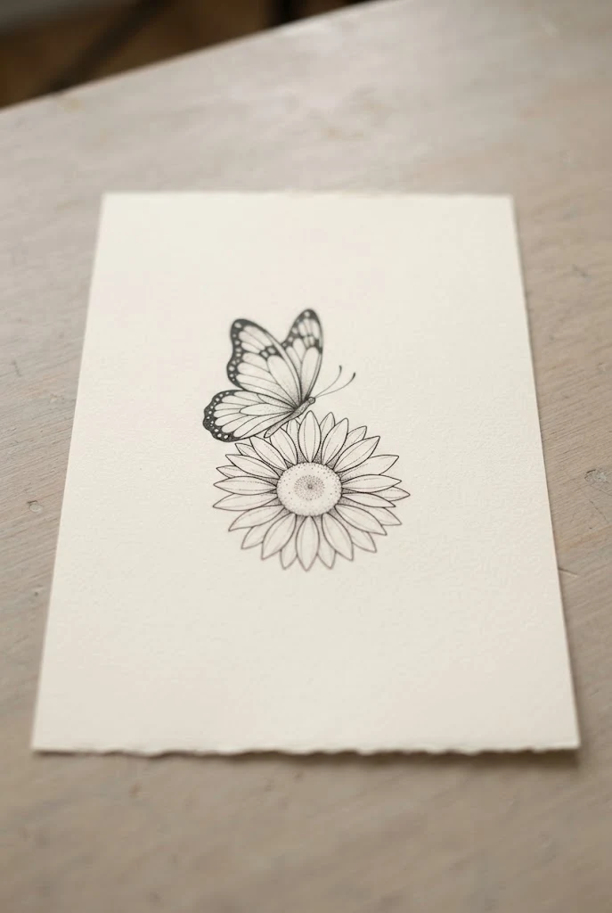 Minimalist Fine Line Masterpiece — butterfly and sunflower tattoo style outfit