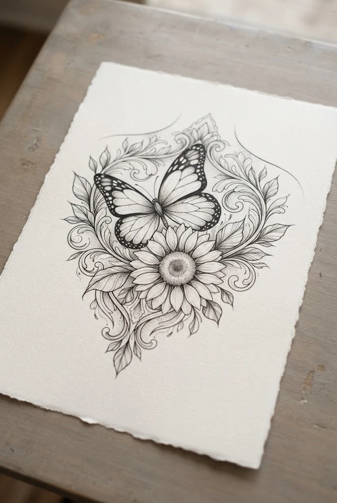 Upper Back Shoulder Blade Statement — butterfly and sunflower tattoo style outfit