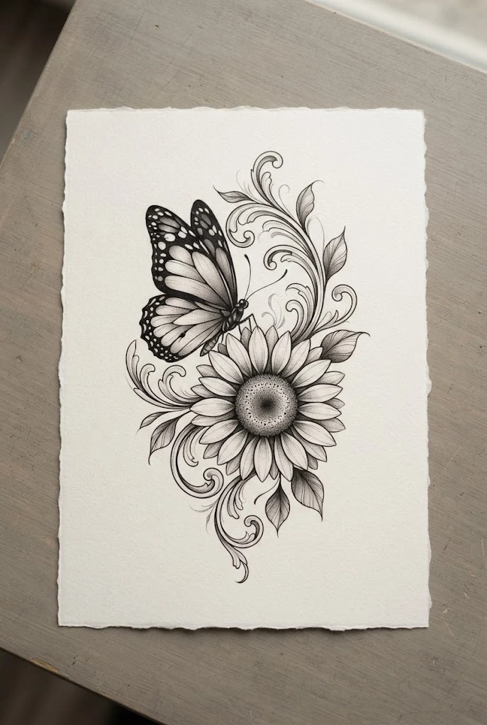 Black and Grey Shaded Elegance — butterfly and sunflower tattoo style outfit