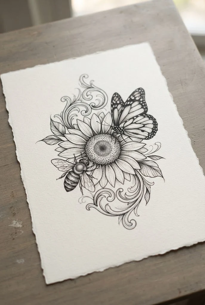 Dual Insect Companion Composition — butterfly and sunflower tattoo style outfit