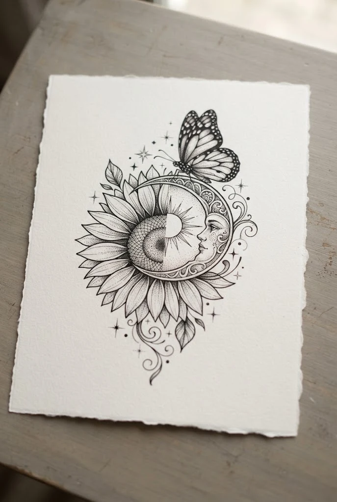 Celestial Moon and Sun Integration — butterfly and sunflower tattoo style outfit
