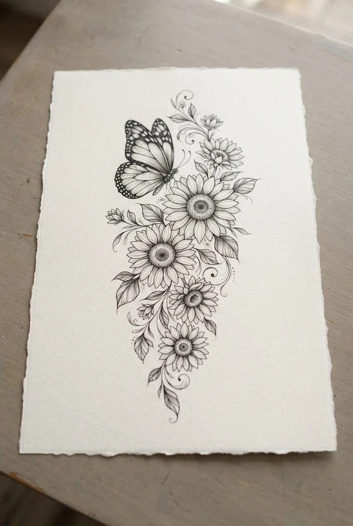 Thigh-Length Botanical Cascade — butterfly and sunflower tattoo style outfit
