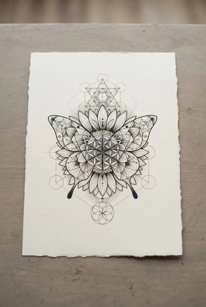 Geometric Sacred Geometry Fusion — butterfly and sunflower tattoo style outfit