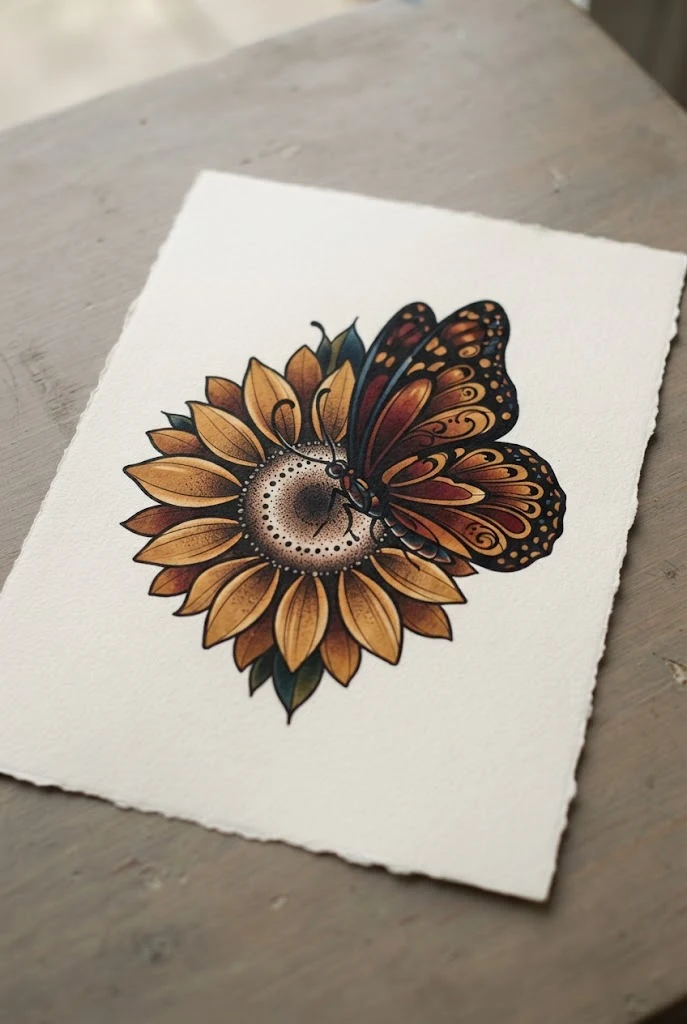 Neo-Traditional Bold Outline Statement — butterfly and sunflower tattoo style outfit